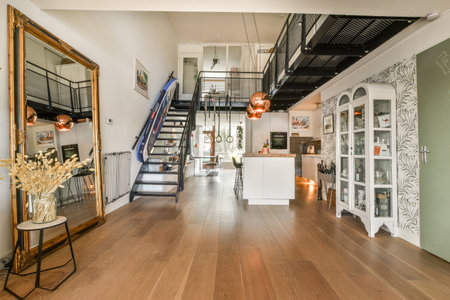 a living room with wood flooring and staircase leading up to the second floor in an apartment or condo buildingのeditorial素材