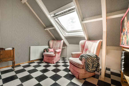 Amsterdam, Netherlands - 10 April, 2021: two chairs in the corner of a room with black and white checkered tiles on the floor, one chair is pinkのeditorial素材
