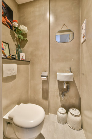Amsterdam, Netherlands - 10 April, 2021: a bathroom with a toilet and flowers on the shelf above the toilet is made out of concrete, which can be used as aのeditorial素材