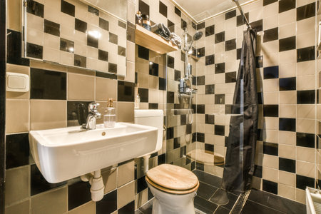 a small bathroom with black and white tiles on the walls, toilet, sink, and shower stall in itのeditorial素材