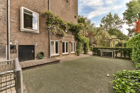 a back yard with some trees and plants on the side of the house there is a fire place in the...