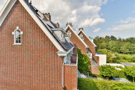 Amsterdam, Netherlands - 10 April, 2021: a brick house in the country side with trees and bushes on either side, its not clear yetのeditorial素材