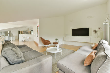 Amsterdam, Netherlands - 10 April, 2021: a living room with two couches and a large flat screen tv mounted on the wall in the center of the roomのeditorial素材