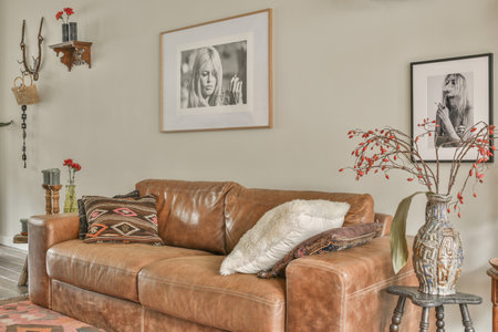 a woman is hanging on the wall behind the brown leather couch in this living room with red and white pillowsのeditorial素材