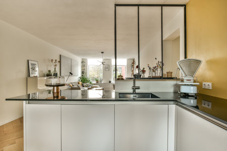 a modern kitchen with white cabinets and black counter tops in the center of the room is a large mirror on the wallのeditorial素材