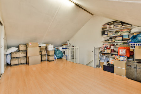 Amsterdam, Netherlands - 10 April, 2021: a room with lots of boxes on the floor and shelves full of stuff in it is very clutteredingのeditorial素材
