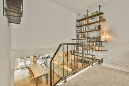 a living room with books on the shelves and a staircase leading up to the second floor in this modern homeのeditorial素材