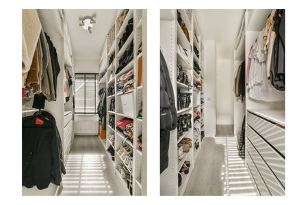 Amsterdam, Netherlands - 10 April, 2021: a walk - in closet with clothes hanging on the wall, and an image of a womans handbagのeditorial素材