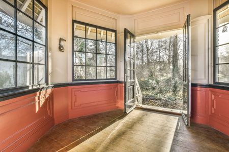Amsterdam, Netherlands - 10 April, 2021: the inside of a house with red walls and wood flooring,...