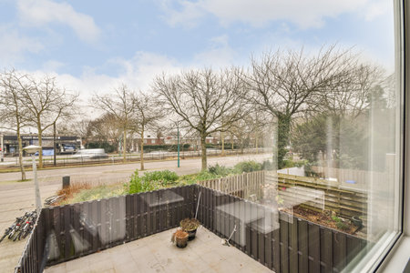 an outside area with some trees and plants in the foregrounds, as seen through a large glass window