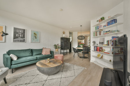 a living room with couches, coffee table and books on the wall behind it is a tv in the corner