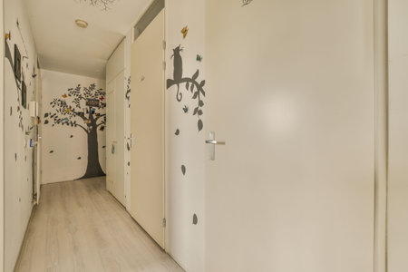 Amsterdam, Netherlands - 10 April, 2021: a tree painted on the side of a wall in a long hallway with white walls and wooden flooring floorsのeditorial素材