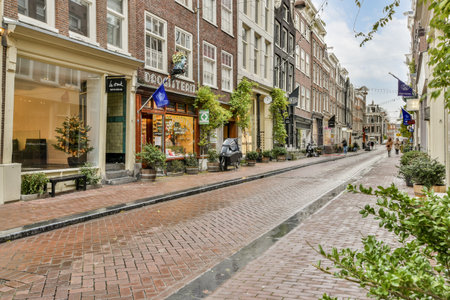 Amsterdam, Netherlands - 10 April, 2021: a city street with buildings and trees in the fore - image was taken from an old photo, but its not clearのeditorial素材