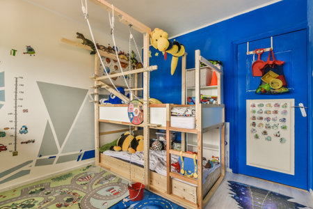 Amsterdam, Netherlands - 10 April, 2021: a kids room with bunks, toys and other items on the floor in front of the bedのeditorial素材