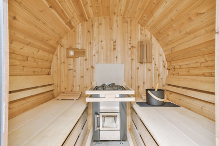 a room with wooden walls and wood flooring on the walls, there is an empty table in the cornerの写真素材