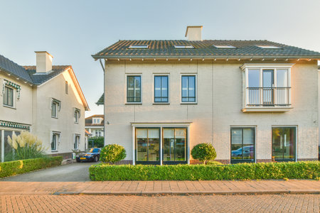 Amsterdam, Netherlands - 10 April, 2021: a house that is in the middle of an area with some bushes and shrubs on either side of the streetのeditorial素材