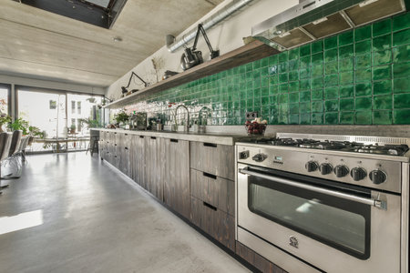 a kitchen with green tiles on the wall and white stove in the oven is next to an open door that...