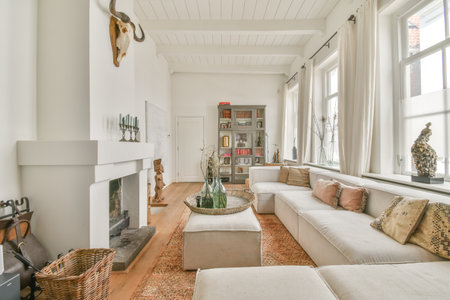 Amsterdam, Netherlands - 10 April, 2021: a living room with couches and a fire place in the center of the room on the right is a fireplaceのeditorial素材