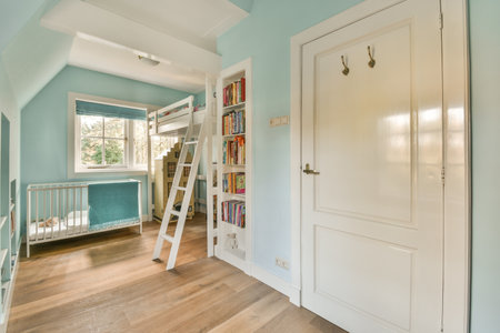Amsterdam, Netherlands - 10 April, 2021: a room with blue walls and white trim on the door, there is a ladder that leads up to a bedのeditorial素材