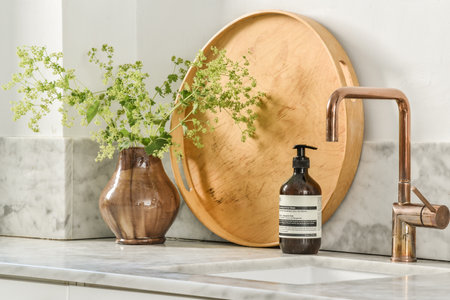 Amsterdam, Netherlands - 10 April, 2021: a sink with some plants in it and a wooden plate on the wall behind it that has been painted whiteのeditorial素材