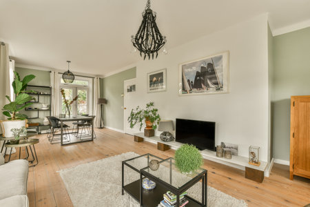 a living room with white walls and hardwood flooring in the center of the room is a television set,...