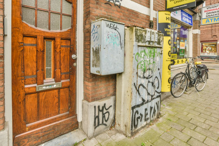 Amsterdam, Netherlands - 10 April, 2021: graffiti on the side of a building with a bike parked next to it and a door that has been vandaledのeditorial素材