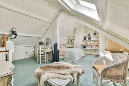a bedroom with a bed, chair and desk in the corner of an attic style room that has been used as a home officeのeditorial素材