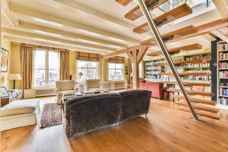Amsterdam, Netherlands - 10 April, 2021: a living room with couches, bookshels and a staircase...