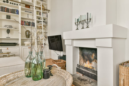 Amsterdam, Netherlands - 10 April, 2021: a living room with a fire in the fireplace and bookshels on the wall behind it is a white bookcaseのeditorial素材