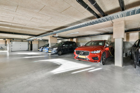 Amsterdam, Netherlands - 10 April, 2021: two cars parked in a parking space, one is red and the other are black with white markings on itのeditorial素材