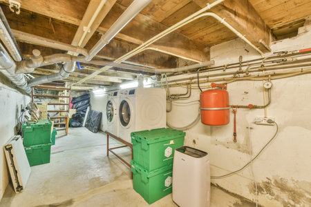Amsterdam, Netherlands - 10 April, 2021: the inside of a building with pipes and water tanks attached to the side of the wall, in an unfinished roomのeditorial素材