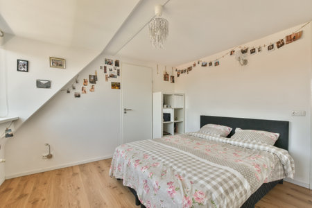 a bedroom with white walls and wood flooring, there is a bed in the room has a checkered comforter...