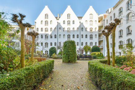 an outside area with trees and bushes in the fore - shot, taken on a clear blue sky day stock photoのeditorial素材