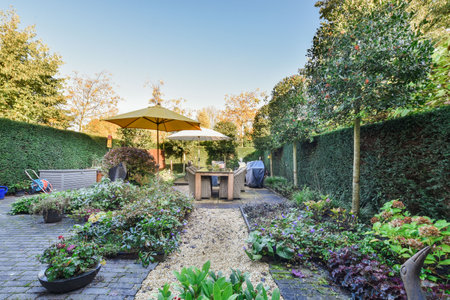 Amsterdam, Netherlands - 10 April, 2021: a backyard area with plants and an umbrella over the grill...