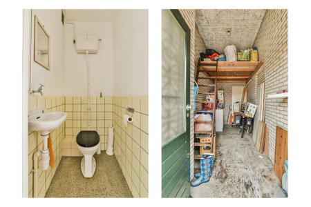 the inside of a bathroom with toilet, sink, and other items on shelves in different rooms that are being used for storageのeditorial素材
