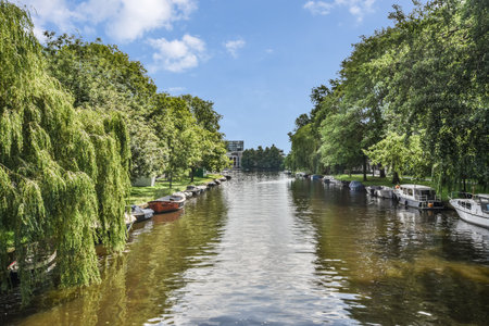 Amsterdam, Netherlands - 10 April, 2021: some boats in the water and trees on either side of the river, with blue sky above them all aroundのeditorial素材