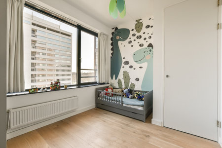 a kids room with a wall mural on the wall and wooden flooring in front of the window