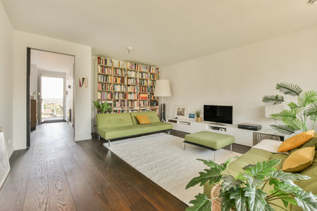 Amsterdam, Netherlands - 10 April, 2021: a living room with green couches and bookshels on the wall in the center of the room is a bookcaseのeditorial素材