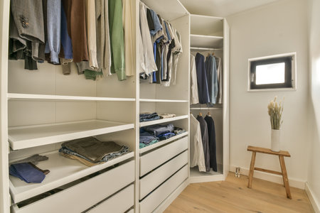 the inside of a walk - in closet with clothes hanging on shelves, and wooden flooring boards around...