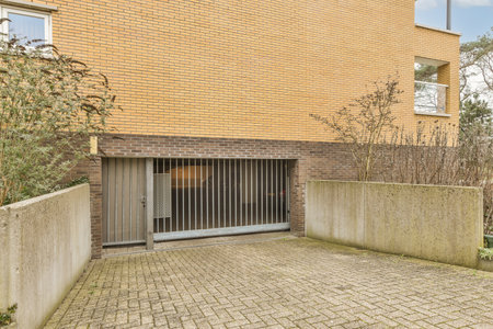 a brick building with a gate in the middle and an open door at the top on the left side of the wall