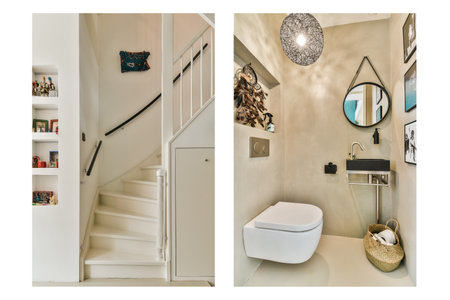 a bathroom with a toilet, sink and mirror on the wall next to it is an open white door that leads to a staircaseのeditorial素材