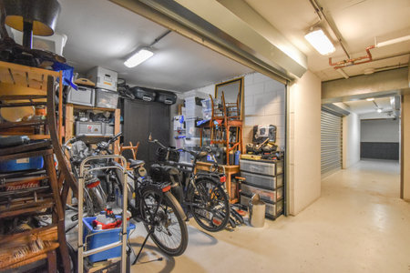 a garage with many bikes and tools on the shelfs in the room is very cluttereded, but its notのeditorial素材