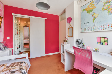 a girls room with pink walls and white furniture, including a desk, chair, mirror and map on the wallのeditorial素材