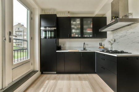 a kitchen with black cabinets and white marble counter tops on the island in front of the door to the living roomのeditorial素材