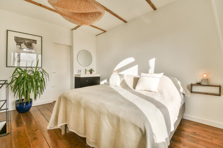 Amsterdam, Netherlands - 10 April, 2021: a bed in a room with wood flooring and a white comforter on the bed is framed by a mirrorのeditorial素材