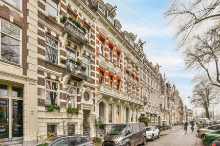 a city street with cars parked on the side and people walking down the street in front of buildings along itのeditorial素材