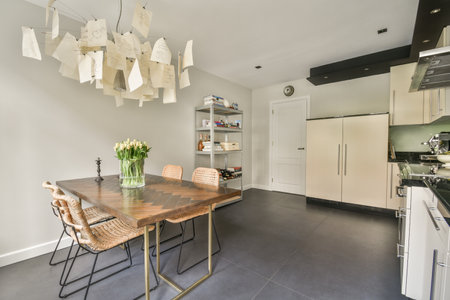 Amsterdam, Netherlands - 10 April, 2021: a kitchen and dining area in a house with white walls, grey flooring and black tiles on the floorのeditorial素材