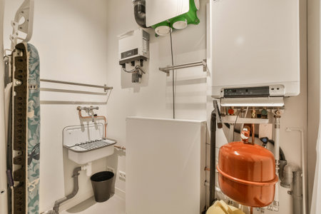 a toilet in a bathroom with an orange bucket on the wall next to it and a green light hanging from aboveの写真素材