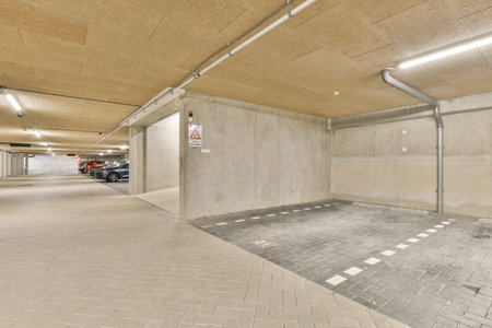 an empty parking space with no one car parked in the area and two cars parked on the other side of the roomの写真素材