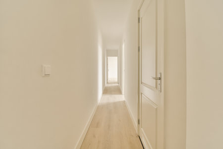 a long hallway with white walls and wood flooring on either side by side, leading to an open doorの写真素材